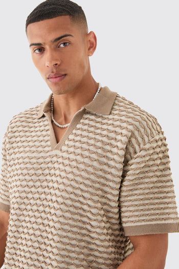 Oversized Boxy Stripe Textured Knit Polo