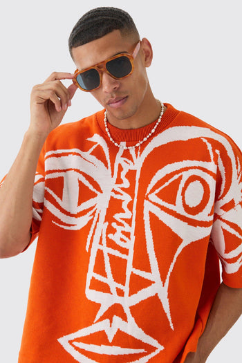 Oversized Face Line Drawing Knitted T-shirt