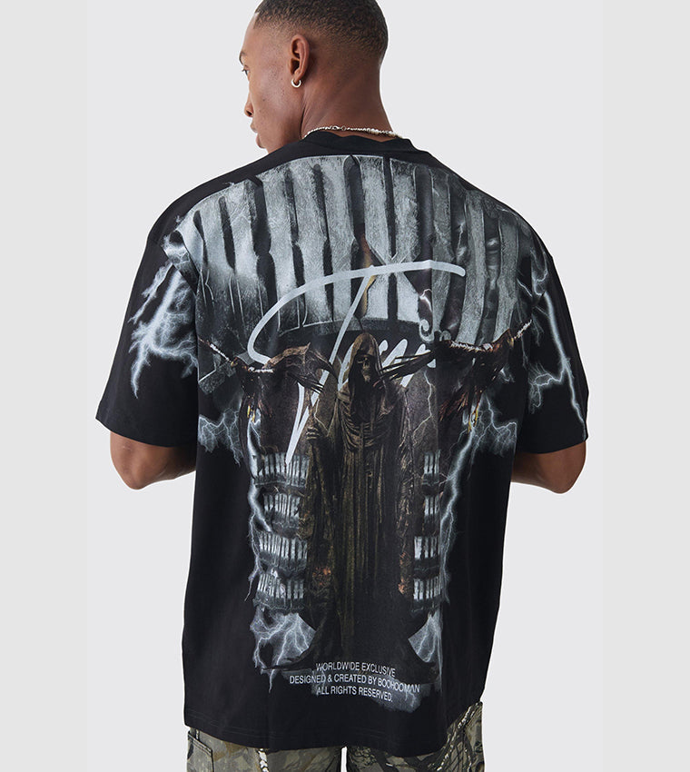 Crew Neck Extreme Gothic Back Graphic Oversized T-Shirt