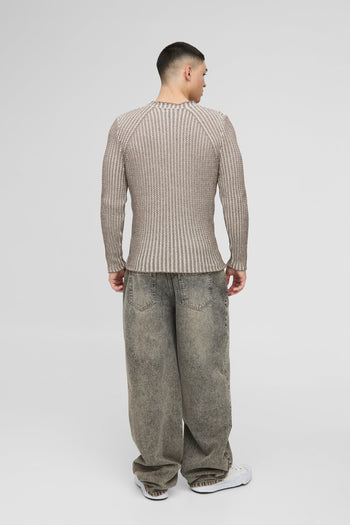 Muscle Fit Two Tone Raglan Ribbed Knitted Jumper