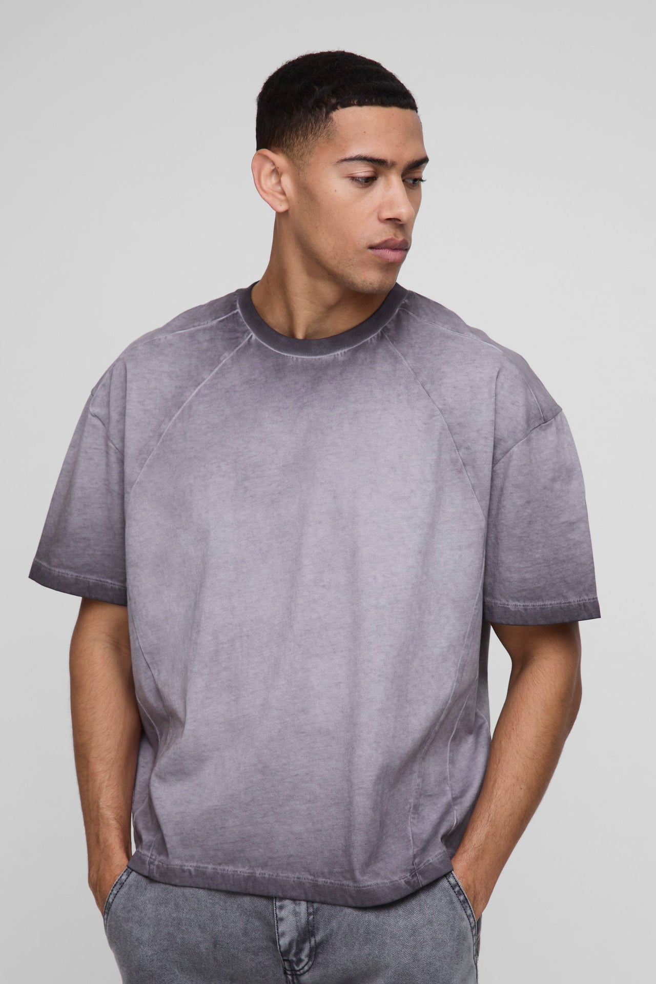 Oversized Boxy Panelled Acid Wash T-Shirt