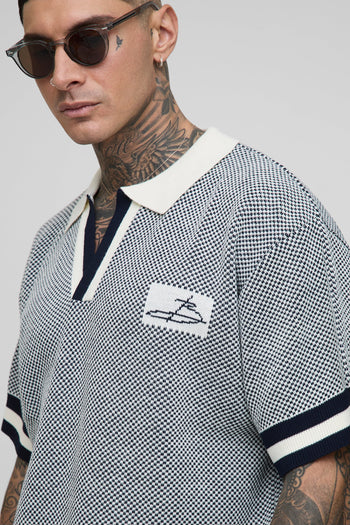 Tall Contrast Edge Open Knit Boxy Oversized Polo Shirt