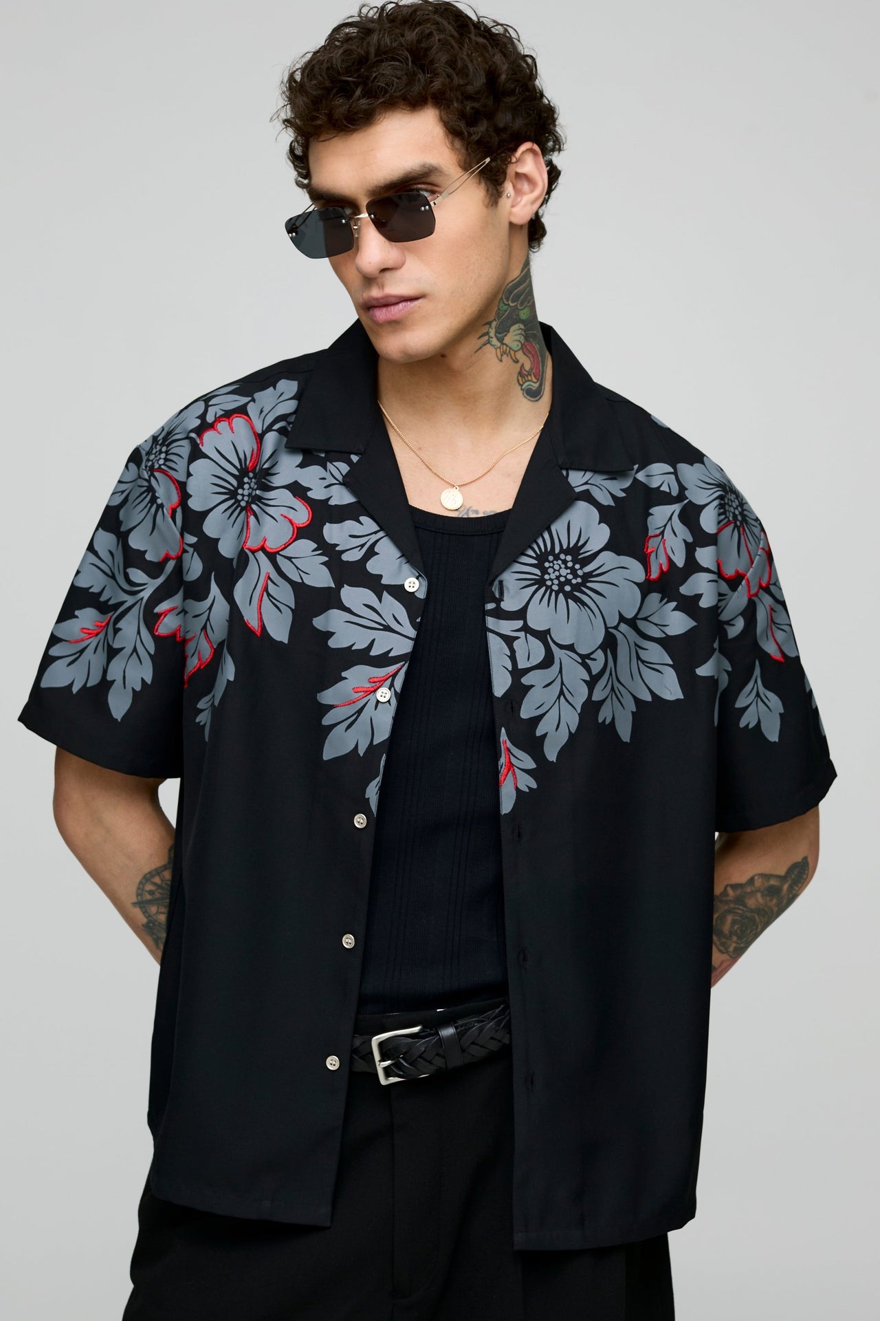 Oversized Floral Print and Embroidered Revere Soft Twill Shirt