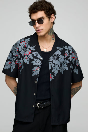Oversized Floral Print and Embroidered Revere Soft Twill Shirt