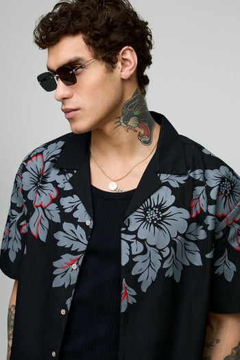 Oversized Floral Print and Embroidered Revere Soft Twill Shirt