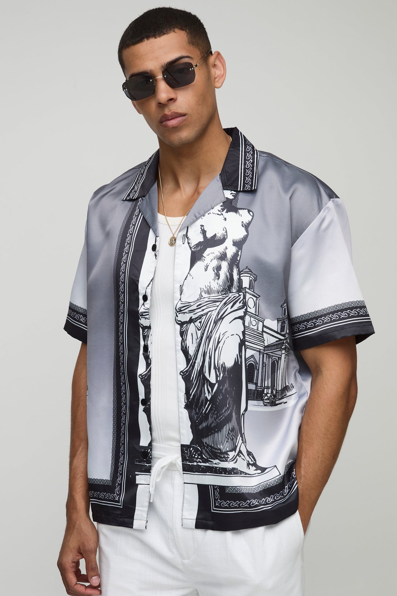 Satin Oversized Revere Statue Border Shirt
