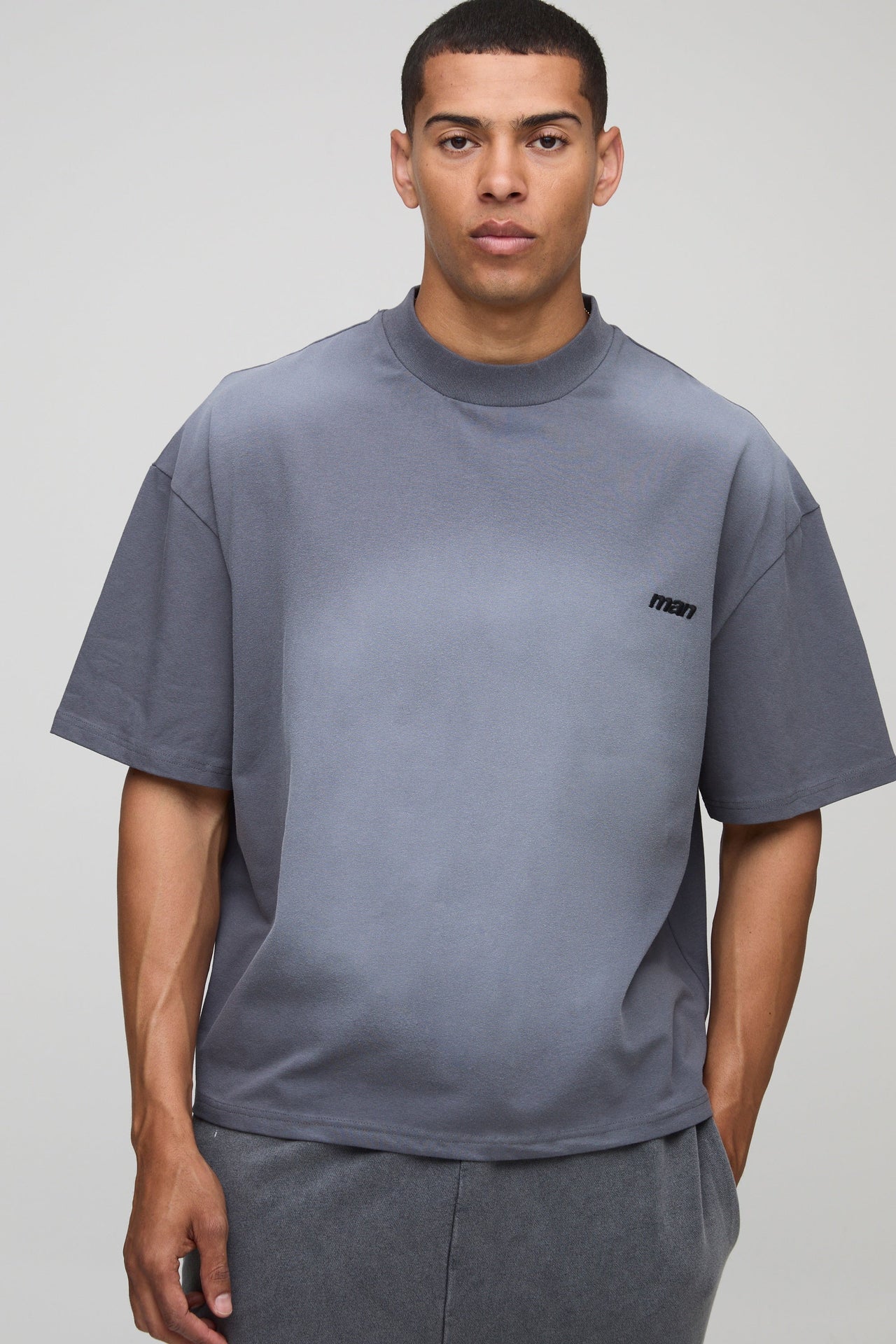 Grey Oversized Boxy Spray Wash MAN. Embroidered T-Shirt