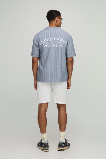 Oversized Embroidered Stripe Seersucker Revere Shirt