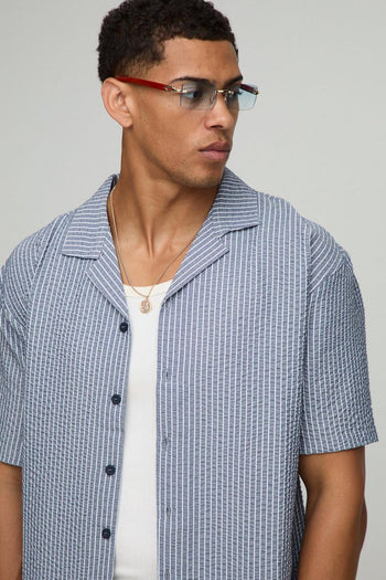 Oversized Embroidered Stripe Seersucker Revere Shirt