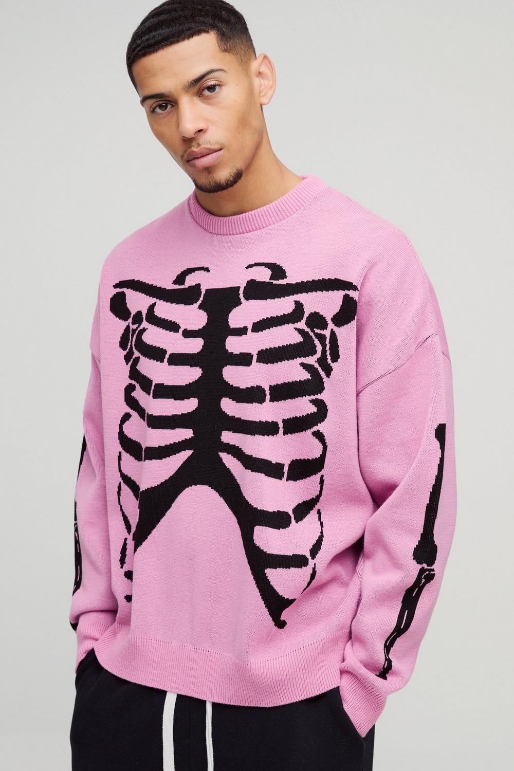 Oversized Drop Shoulder Skeleton Print Knitted Sweater
